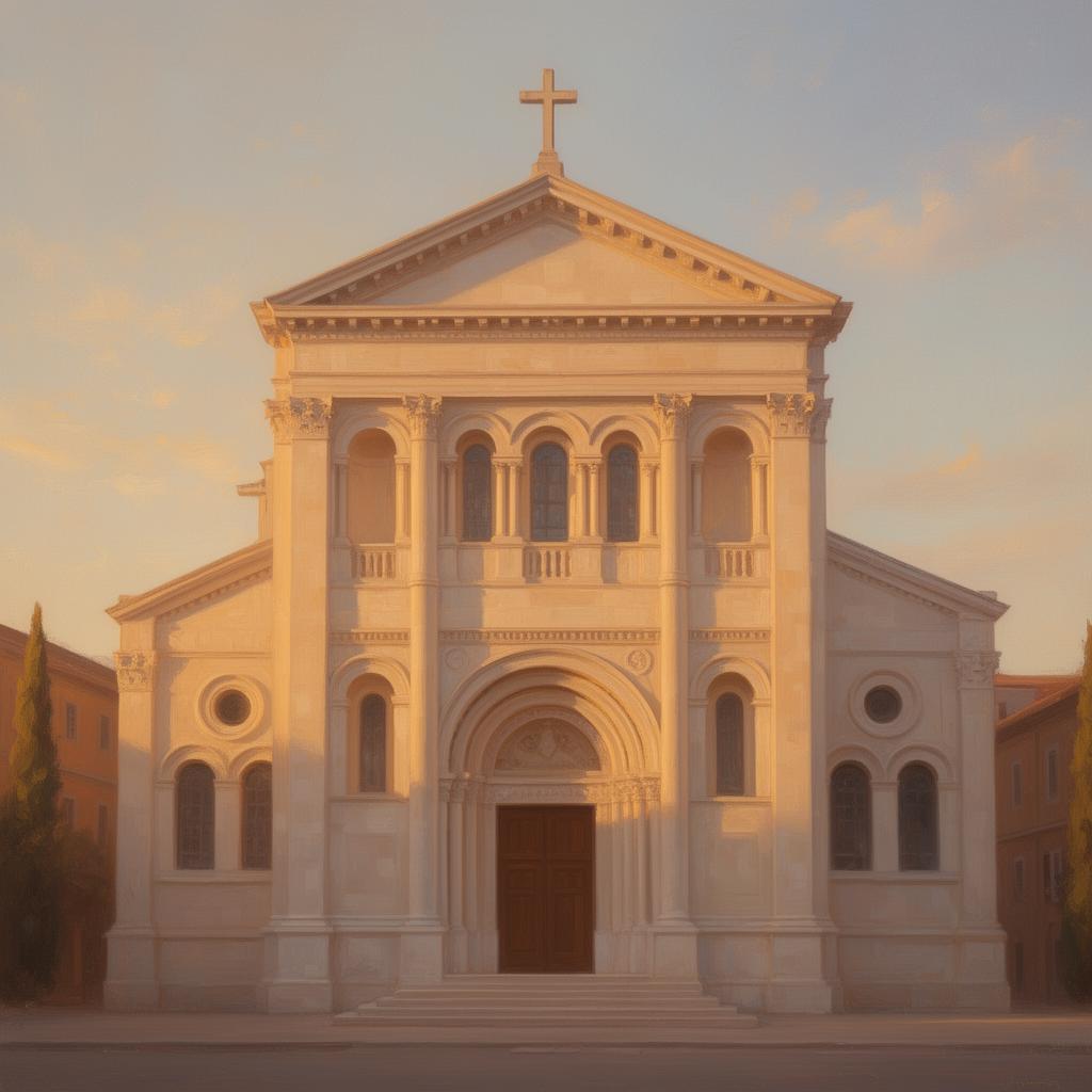Fachada de igreja católica clássica ao entardecer